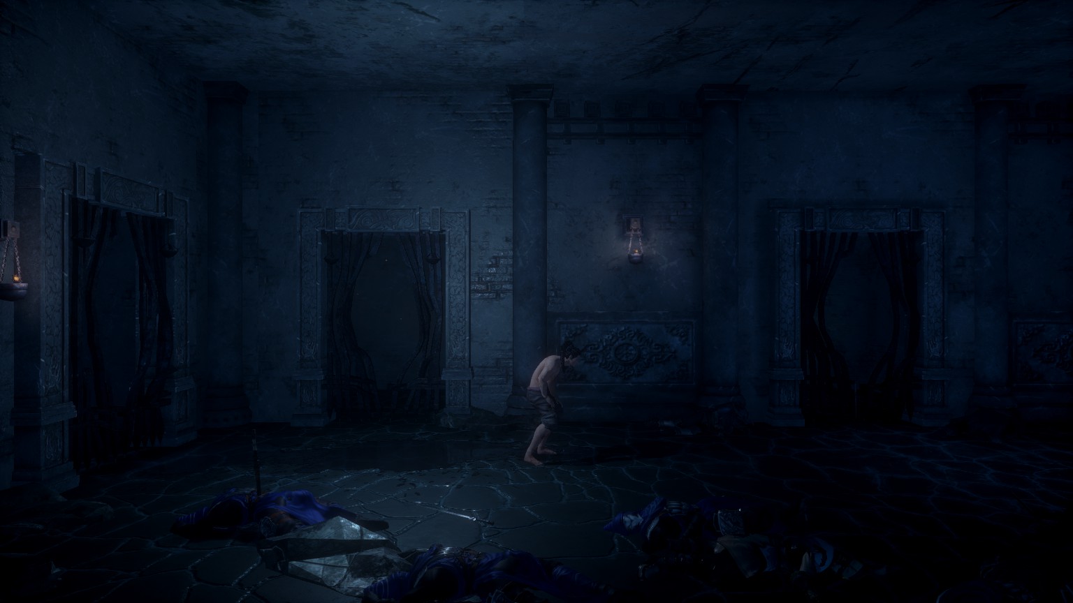 游戏开始时的牢房，可以看到地下狱卒的尸体